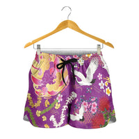 Hawaiian and Japanese Culture Together Shorts for Women Kakau Tribal Pattern and Irezumi Art Purple Color LT03 - Polynesian Pride