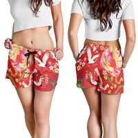 Hawaiian and Japanese Culture Together Shorts for Women Kakau Tribal Pattern and Irezumi Art Red Color LT03 - Polynesian Pride