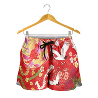 Hawaiian and Japanese Culture Together Shorts for Women Kakau Tribal Pattern and Irezumi Art Red Color LT03 - Polynesian Pride