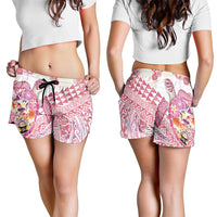 Hawaiian and Japanese Culture Together Shorts for Women Tropical Honu with Japanese Elements Pink Color
