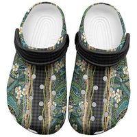 Hawaiian Art Flower Tribal with Lei Clogs Shoes Palaka Pattern Black Color LT03