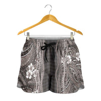Hawaiian Art Flower Tribal with Lei Shorts for Women Palaka Pattern Grayscale LT03 - Polynesian Pride