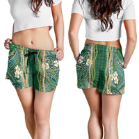 Hawaiian Art Flower Tribal with Lei Shorts for Women Palaka Pattern Green Color LT03 - Polynesian Pride