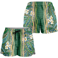 Hawaiian Art Flower Tribal with Lei Shorts for Women Palaka Pattern Green Color LT03 - Polynesian Pride