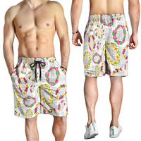 Hawaiian Kakau Tattoo Leis and Palaka Pattern Shorts for Men Traditional Aloha Tribal White Color