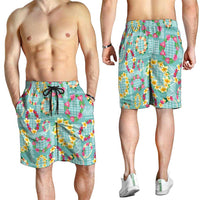Hawaiian Leis Shorts for Men Kakau Tattoos and Palaka Pastel Teal Color