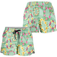 Hawaiian Leis Shorts for Women Kakau Tattoos and Palaka Pastel Green Color