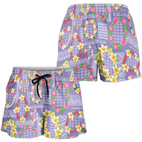 Hawaiian Leis Shorts for Women Kakau Tattoos and Palaka Pastel Purple Color