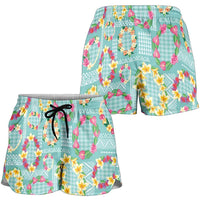 Hawaiian Leis Shorts for Women Kakau Tattoos and Palaka Pastel Teal Color