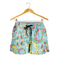 Hawaiian Leis Shorts for Women Kakau Tattoos and Palaka Pastel Teal Color