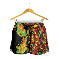 Hawaiian Manta Ray and Hammerhead Shark Tribal Tattoo Shorts for Women with Polynesian Tribal Pattern Kanaka Maoli Flag Color
