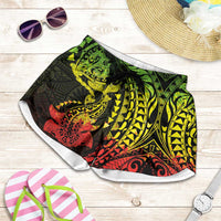 Hawaiian Manta Ray and Hammerhead Shark Tribal Tattoo Shorts for Women with Polynesian Tribal Pattern Reggae Style