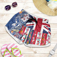 Hawaiian Manta Ray and Turtle Tribal Tattoo Shorts for Women with Hawaii Flag and Flowers