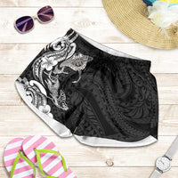 Hawaiian Manta Rays Shorts for Women Tribal Hibiscus Polynesian Tattoos Black Color - Polynesian Pride