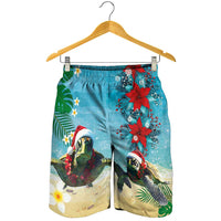 Hawaiian Mele Kalikimaka Shorts for Men Xmas Turtles and Tropical Plants with Red Poinsettia Watercolor Style - Polynesian Pride
