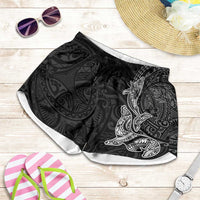 Hawaiian Monk Seal and Whale Shorts for Women Kakau Tribal Pattern Grayscale