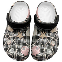 Hawaiian Ocean Seashells Clogs Shoes Black Palaka Pattern
