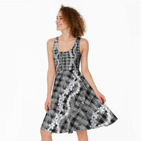 Hawaiian Ohia Lehua Lei Midi Dress Plaid Palaka Eleele Pattern - Polynesian Pride