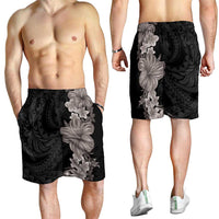 Hawaiian Plumeria and Hibiscus Shorts for Men Grayscale Mode - Polynesian Pride