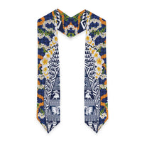 Hawaiian Plumeria Lei Graduation Stole Kakau Motifs and Palaka Half Style Blue Color