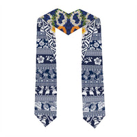 Hawaiian Plumeria Lei Graduation Stole Kakau Motifs and Palaka Half Style Blue Color
