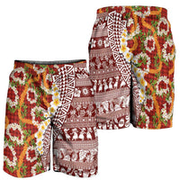 Hawaiian Plumeria Lei Shorts for Men Kakau Motifs and Palaka Half Style Red Color LT03 - Polynesian Pride