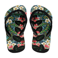 Hawaiian Taro Leaves and Ohia Lehua Flip Flops Polynesian Tribal Art Tropical Plants Motifs Colorful