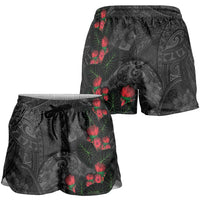 Hawaiian Taro Leaves and Ohia Lehua Shorts for Women Polynesian Tribal Art Tropical Plants Motifs Grayscale