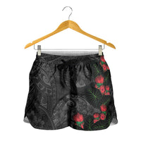 Hawaiian Taro Leaves and Ohia Lehua Shorts for Women Polynesian Tribal Art Tropical Plants Motifs Grayscale