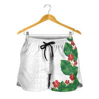 Hawaiian Taro Leaves-Hibiscus and Plumeria Shorts for Women Polynesian Art-Kakau Tattoo White