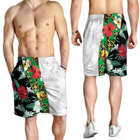 Hawaiian Tropical Flowers and Leaves Shorts for Men Leopard Pattern Half White Black Version - Polynesian Pride