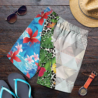 Hawaiian Tropical Flowers and Leaves Shorts for Men Leopard Pattern Half White Blue Version - Polynesian Pride