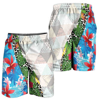 Hawaiian Tropical Flowers and Leaves Shorts for Men Leopard Pattern Half White Blue Version - Polynesian Pride