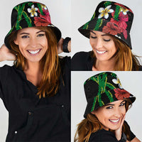 Hawaiian Tropical Flowers and Maile Pikake Bucket Hat Polynesian Tribal Pattern Black Color LT03 - Polynesian Pride