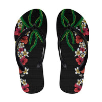 Hawaiian Tropical Flowers and Maile Pikake Flip Flops Polynesian Tribal Pattern Black Color LT03 Black - Polynesian Pride