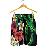 Hawaiian Tropical Flowers and Maile Pikake Shorts for Men Polynesian Tribal Pattern Black Color - Polynesian Pride