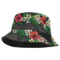 Hawaiian Tropical Flowers and Tribal Polynesian Tattoo Bucket Hat Black Color LT03 One Size Black - Polynesian Pride