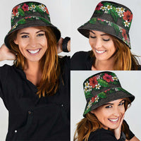 Hawaiian Tropical Flowers and Tribal Polynesian Tattoo Bucket Hat Black Color LT03 - Polynesian Pride
