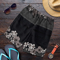 Hawaiian Tropical Flowers and Tribal Polynesian Tattoo Shorts for Men Grayscale Mode - Polynesian Pride