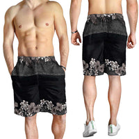 Hawaiian Tropical Flowers and Tribal Polynesian Tattoo Shorts for Men Grayscale Mode - Polynesian Pride