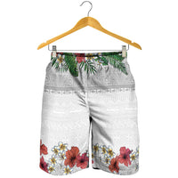 Hawaiian Tropical Flowers and Tribal Polynesian Tattoo Shorts for Men White Color - Polynesian Pride