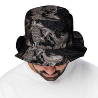 Hawaiian Tropical Plants Turtle and Shark Bucket Hat Polynesian Art Tattoo Grayscale Color LT03 - Polynesian Pride