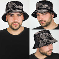 Hawaiian Tropical Plants Turtle and Shark Bucket Hat Polynesian Art Tattoo Grayscale Color LT03 - Polynesian Pride