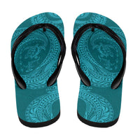 Hawaiian Turtle and Shark Flip Flops Kakau Tribal with Polynesian Pattern Turquoise Color LT03 - Polynesian Pride