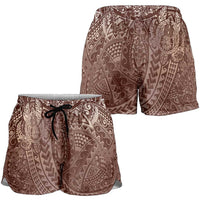 Hawaiian Turtles and Leis Shorts for Women Tribal Kakau Pattern Mocha Mousse Color LT03 - Polynesian Pride