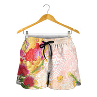 Japanese and Hawaiian Culture Fusion Shorts for Women Irezumi with Turtles and Lei Kakau Pattern Sunset Vibe LT03 - Polynesian Pride