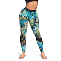 Japanese Hawaiian Crane Leggings Blue Tapa Patchwork Pattern