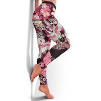 Japanese Hawaiian Crane Leggings Soft Pink Tapa Patchwork Pattern