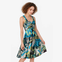 Japanese Hawaiian Crane Midi Dress Blue Tapa Patchwork Pattern LT9 - Polynesian Pride