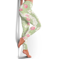 Leaf Green Hawaii Anthurium Plumeria Lei Leggings